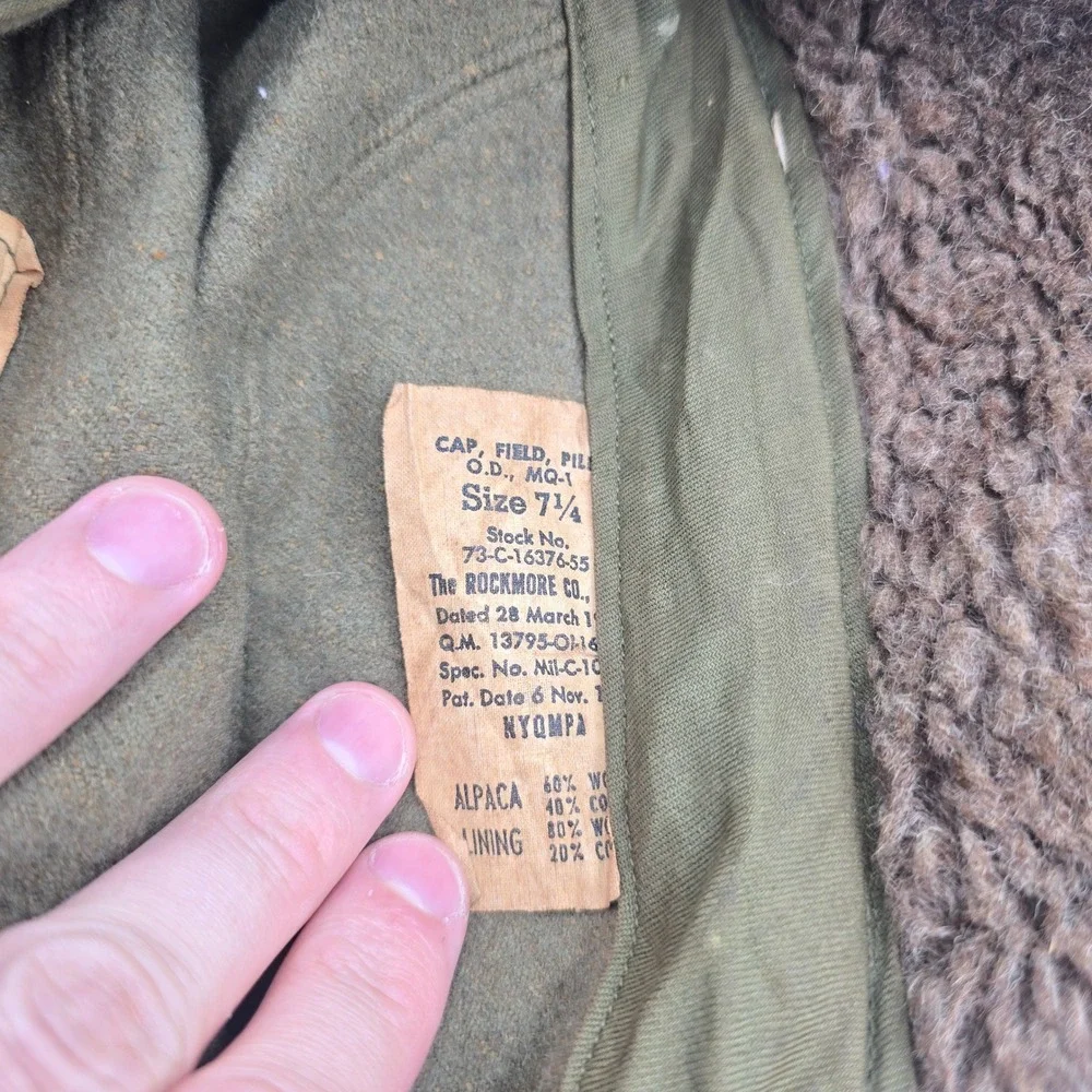 US Military M-1951 Korean War Era OD Pile Field Cap M51 Cold Weather Size 7 1/4
